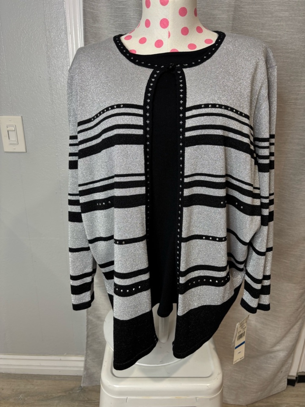 Alfred Dunner Silver & Black Striped Open Cardigan